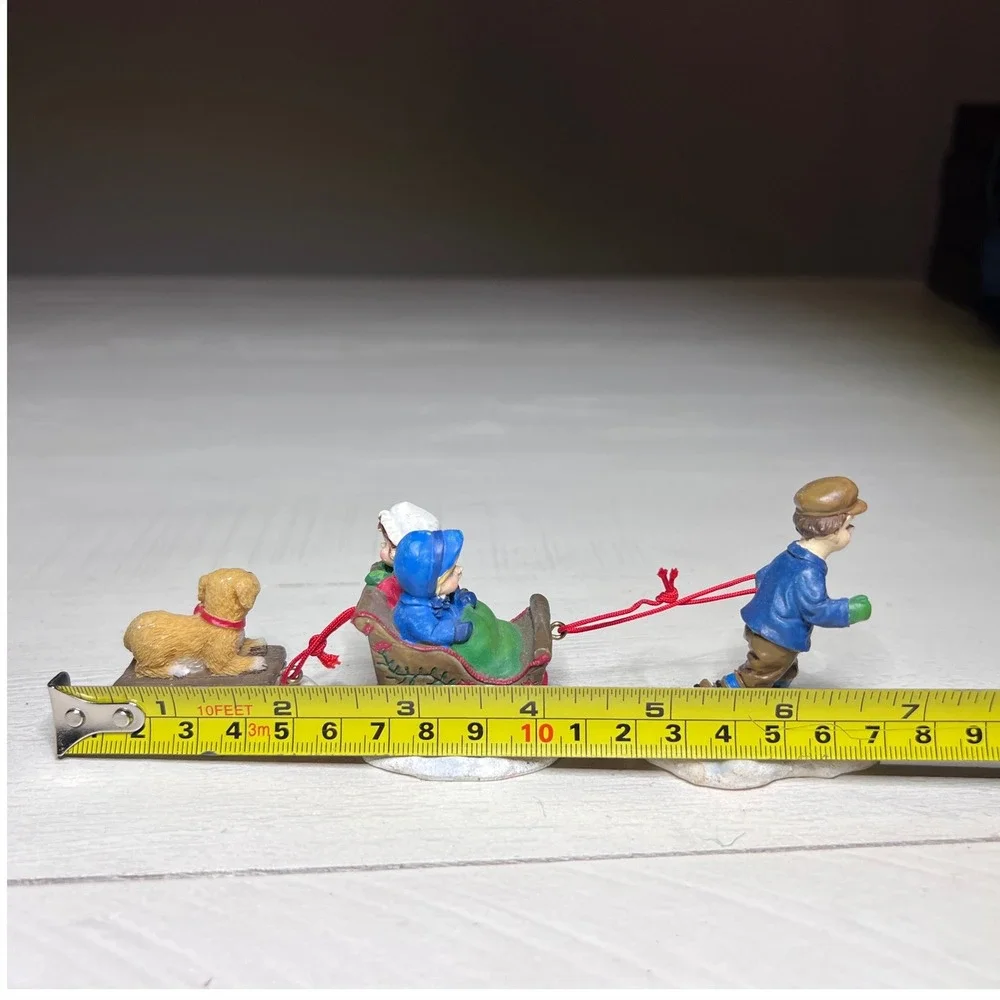 Vtg Christmas Village Figurines Kids Winter Sledding Bench Trees Signs Imperfect